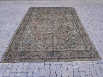 Neutral Medallion Design 9x12 ft, Hand-Knotted Vintage Rug, Bohem Rustic Rug | sku1566