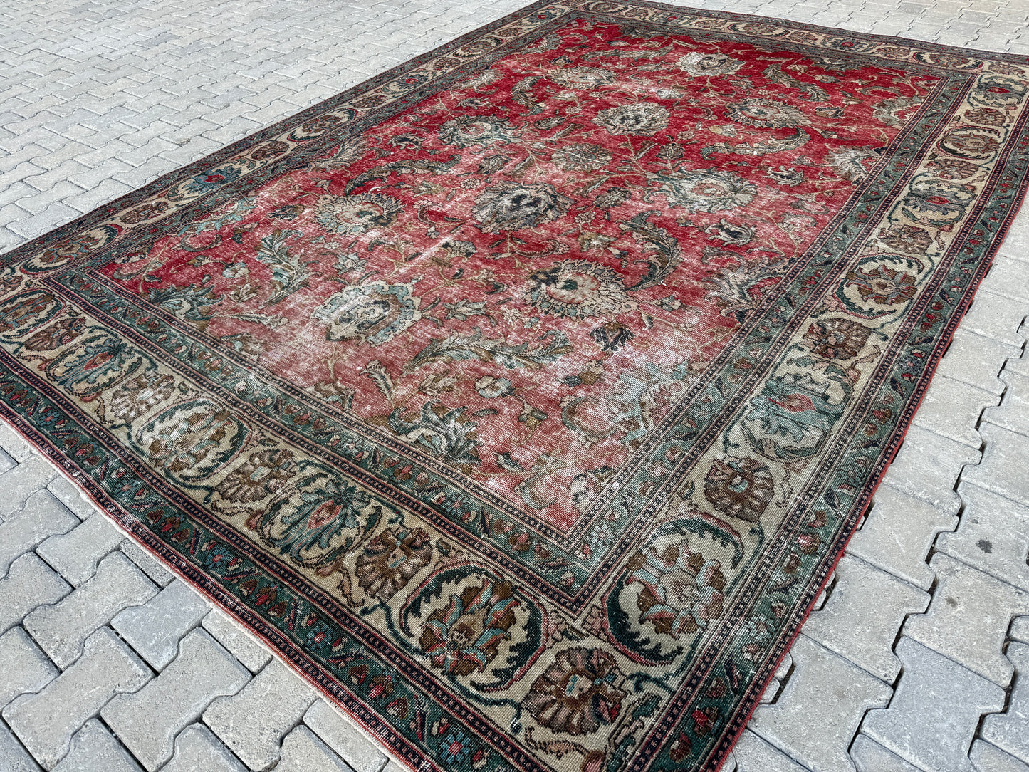 Persian Tabriz Rug 8x12 - Hand-Knotted Floral Design, Vintage Red Carpet | sku1205