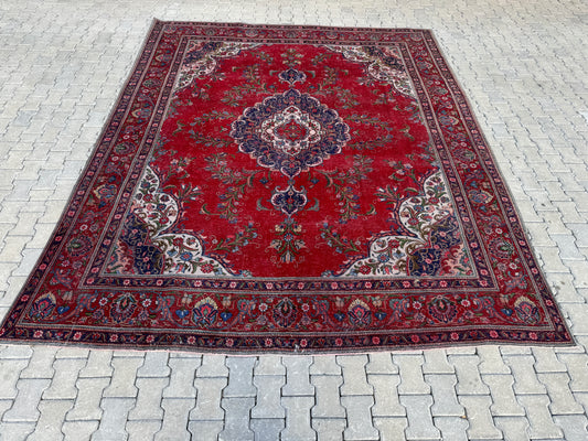 Hand-Knotted Persian Tabriz Rug 10x13 ft- Medallion Design, Vintage Red Carpet | sku1208