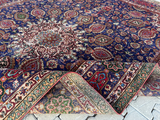 Persian Mahal Rug 10x13 ft - Hand-Knotted Floral Medallion Design, Blue Vintage Carpet, sku1206